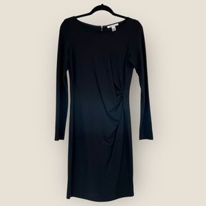 Kenneth Cole black scoop neck long sleeve ruched dress with back zipper.